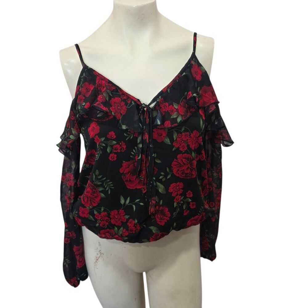 Disney Pixar Coco Floral Cold Shoulder Ruffle Blouse Small Black Red‎ Roses Boho